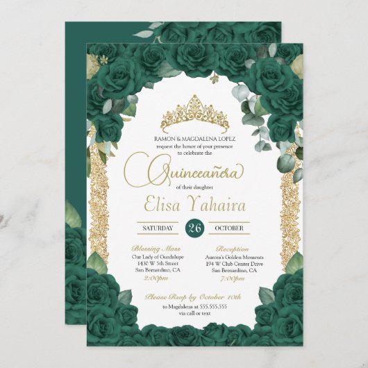 Jade Groen Roos Bloemen en Gouden Quinceanera Kaart (Voorkant / Achterkant)