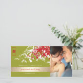Jade Groene Rode Bamboe Bladeren Chinese Trouwfoto Bedankkaart (Staand voorkant)
