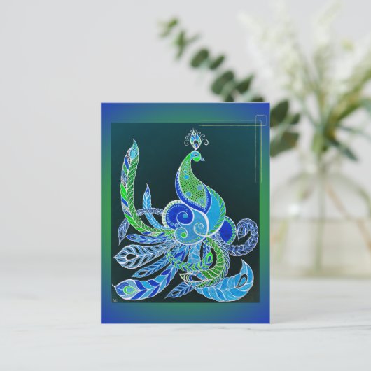 Jade Majesty Elegante Groene en blauwe pauw Briefkaart (Staand voorkant)