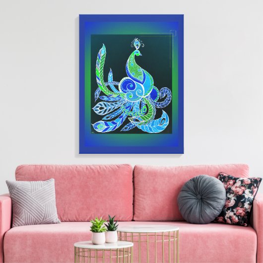 Jade Majesty Elegante Groene en blauwe pauw Canvas Afdruk (Insitu (Woonkamer))