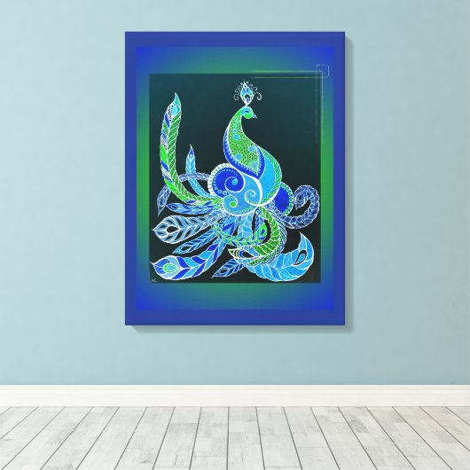 Jade Majesty Elegante Groene en blauwe pauw Canvas Afdruk (Insitu (Houten vloer))
