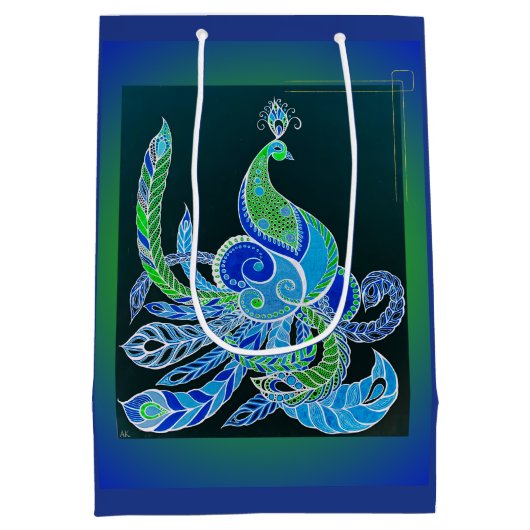 Jade Majesty Elegante Groene en blauwe pauw Medium Cadeauzakje (Achterkant)