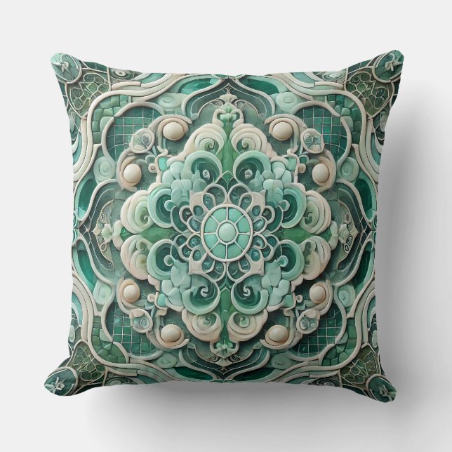 Jade Mandala Patroon: Verse Gradient Mozaïek Kussen (Voorkant)