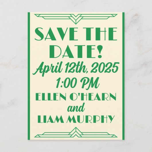 Jade on Beige Wedding 1920's Save-the-Date Briefkaart (Voorkant)