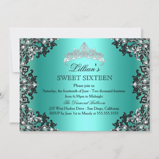 Jade Silver Black Damask Tiara Sweet 16 Invite Kaart (Voorkant)