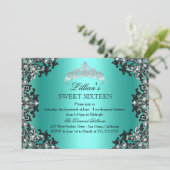 Jade Silver Black Damask Tiara Sweet 16 Invite Kaart (Staand voorkant)
