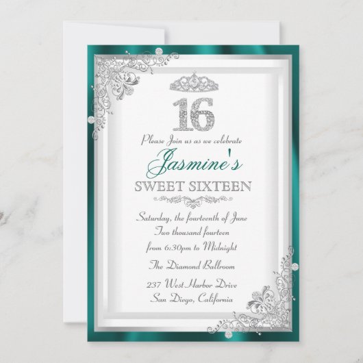 Jade Silver Diamond Damask & Tiara Sweet 16 Invite Kaart (Voorkant)