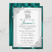 Jade Silver Diamond Damask & Tiara Sweet 16 Invite Kaart (Voorkant / Achterkant)