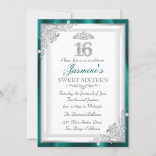 Jade Silver Diamond Damask & Tiara Sweet 16 Invite Kaart