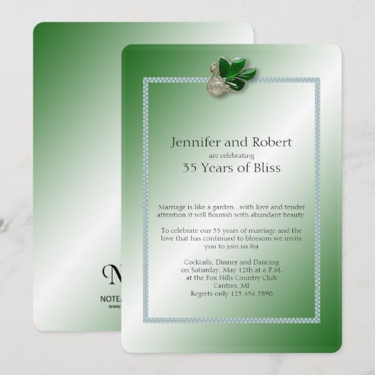 Jade Swan 35th Wedding Jubileum Uitnodiging (Voorkant / Achterkant)