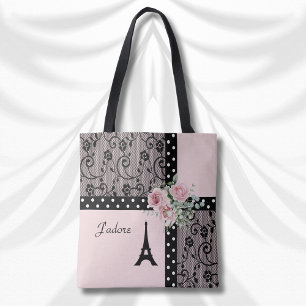 J'adore Pink and Black Paris Chic Boodschaptas Tote Bag