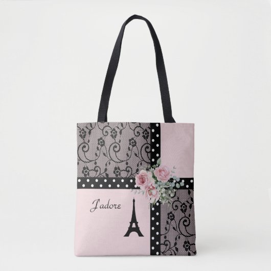 J'adore Roze en Zwart Paris Chic Canvas tas (Voorkant)