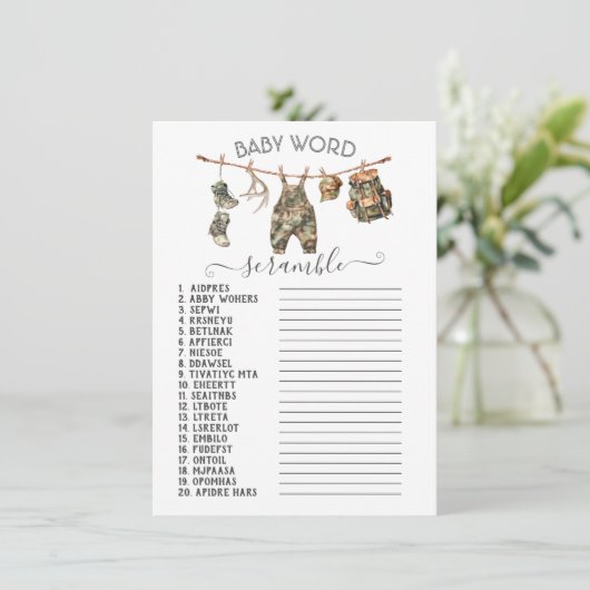 Jagen Camo Clothesline Baby Word Scramble Kaart (Staand voorkant)