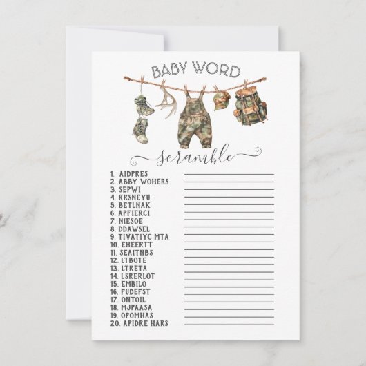 Jagen Camo Clothesline Baby Word Scramble Kaart (Voorkant)