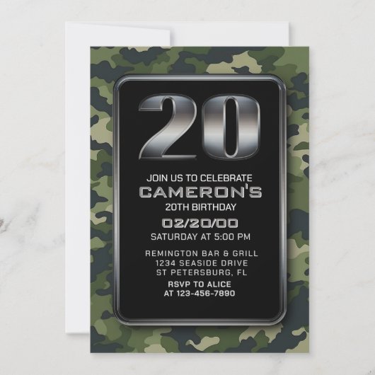 Jagen Camo Militaire 20e verjaardag uitnodiging (Voorkant)