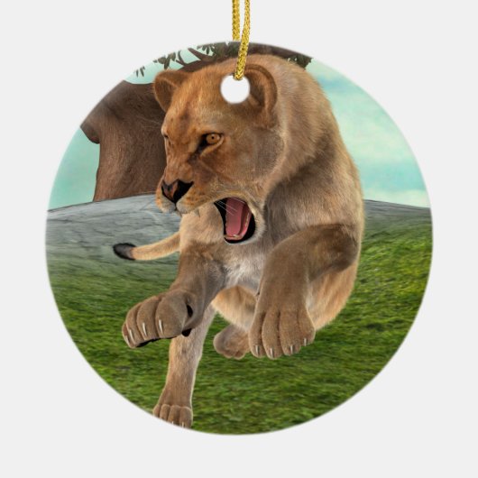 Jagen op leeuwin keramisch ornament (Voorkant)