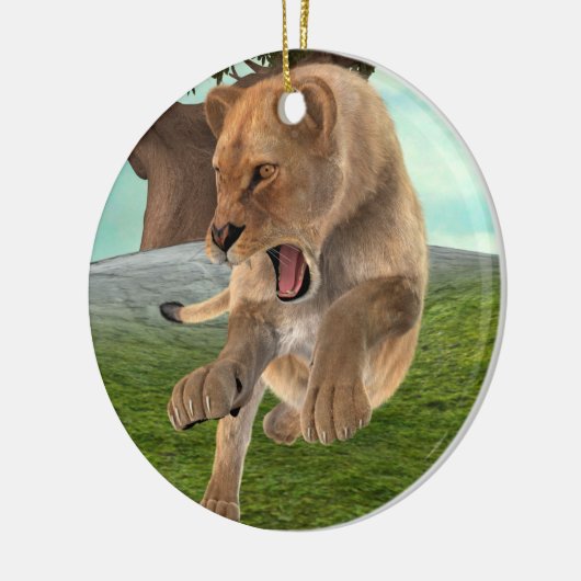 Jagen op leeuwin keramisch ornament (Links)