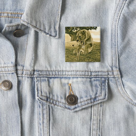 Jagen op leeuwin vierkante button 5,1 cm (In situ)