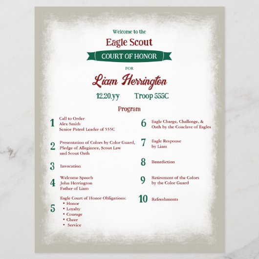 Jager groen en bordeauxrood scoutprogramma flyer (Voorkant)