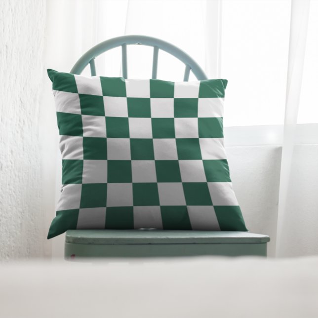 Jager groen en wit geruit kussen (Hunter Green and White Checkered Throw Pillow)