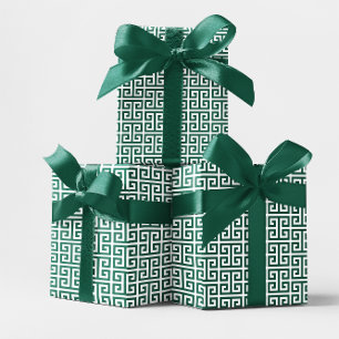 Jager Groen en Wit Griekse Sleutel Patroon Cadeaupapier
