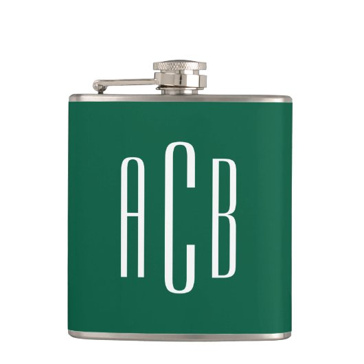 Jager groen en witte drieletter monogram heupfles (Voorkant)