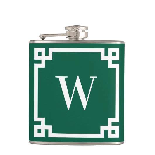 Jager groen en witte Griekse sleutelrand monogram Heupfles (Voorkant)