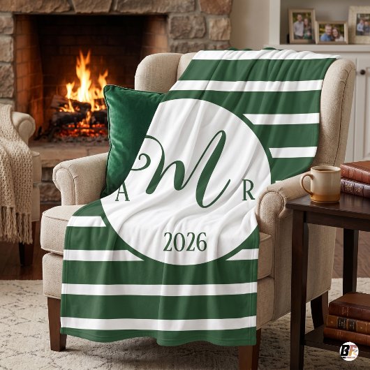 Jager groen gestreepte aangepaste monogram & jaar fleece deken