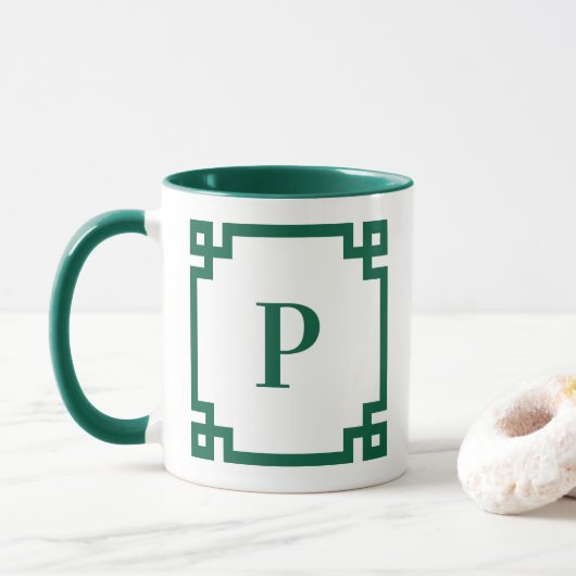 Jager groene Griekse sleutelrand monogram Mok (Met donut)