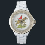 Jager Jumper Paard Vos Jacht Paard Ruiter Horloge<br><div class="desc">Jager Jumper Paard Fox Jacht Paard Ruiter. Tekening. Beschikt over een ruiter gekleed in volledige ruiterkleding met rode jas en zwart pet en laarzen. Ruiter is te paard, springt op een houten hek, mogelijk op een vossenjacht of gewoon een trailride. Paardrijden, Paardensport afbeelding thema geschikt voor een vossenjager, ruiter, fokker...</div>