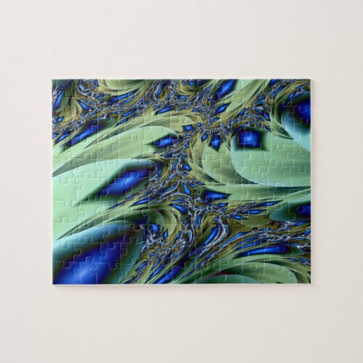 Jagged | Groene en blauwe fractale kunst Legpuzzel (Horizontaal)