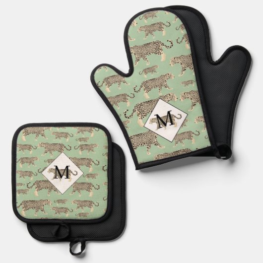 Jaguar Animal Pattern Initiaal Monogram Ovenwant & Pannenlap Set (Voorkant / Achterkant)