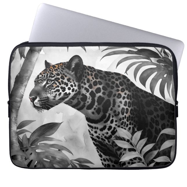 Jaguar Botanische Zwart-wit Schets Laptop Sleeve (Voorkant)