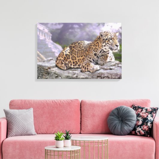 Jaguar en Mayan Temple Canvas Afdruk (Insitu (Woonkamer))