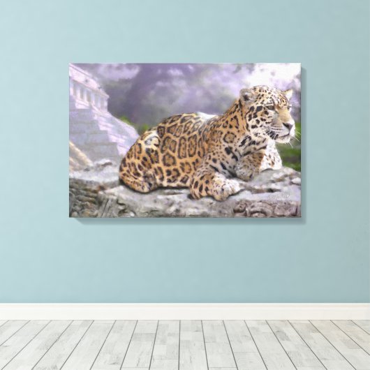 Jaguar en Mayan Temple Canvas Afdruk (Insitu (Houten vloer))