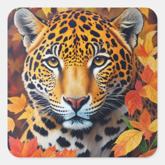 Jaguar herfst katachtige schilderij vierkante sticker (Voorkant)