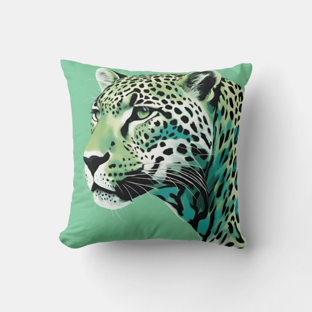 Jaguar Leopard Big Cat Blauwgroen kleuren Kussen (Voorkant)