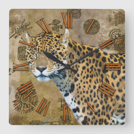 Jaguar & Mayan Temple Ruins Wildlife Wall Clock Vierkante Klok (Voorkant)