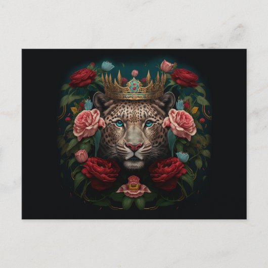 Jaguar met kroon in bloemen schilderen briefkaart (Voorkant)