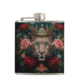 Jaguar met kroon in bloemen Schilderij Heupfles