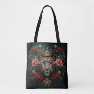 Jaguar met kroon in bloemen Schilderij Tote Bag