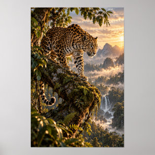 Jaguar op een bemoste boom in tropische jungle-wil poster