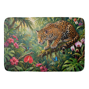 Jaguar Regenwoud Kolibries Vlinders Bloemen Badmat