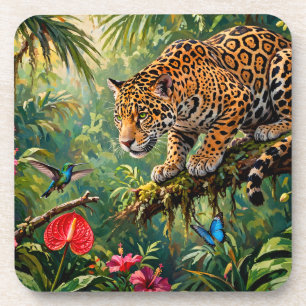 Jaguar Regenwoud Kolibries Vlinders Bloemen Bier Onderzetter