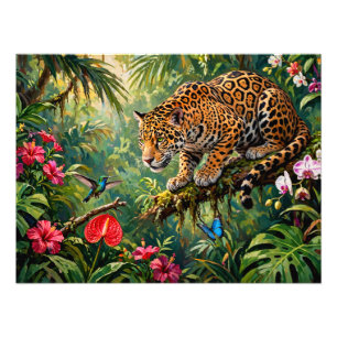 Jaguar Regenwoud Kolibries Vlinders Bloemen Foto Afdruk
