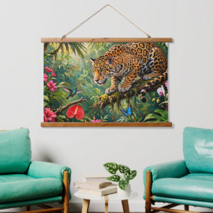 Jaguar Regenwoud Kolibries Vlinders Bloemen Hangend Wandkleed