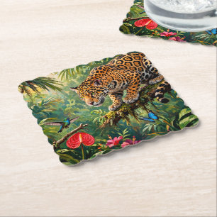 Jaguar Regenwoud Kolibries Vlinders Bloemen Kartonnen Onderzetters