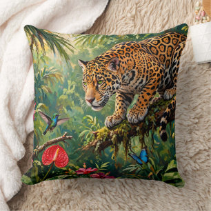 Jaguar Regenwoud Kolibries Vlinders Bloemen Kussen