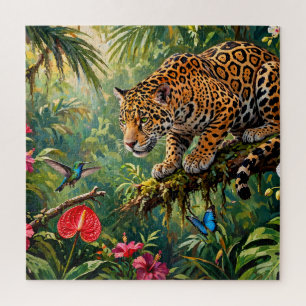 Jaguar Regenwoud Kolibries Vlinders Bloemen Legpuzzel