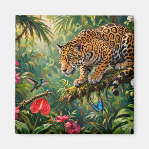 Jaguar Regenwoud Kolibries Vlinders Bloemen Magneet